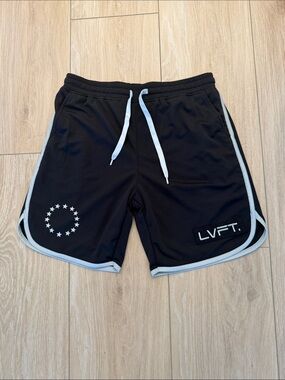 LVFT. Men's Black Athletic Shorts with White Trim and Drawstring Live Fit